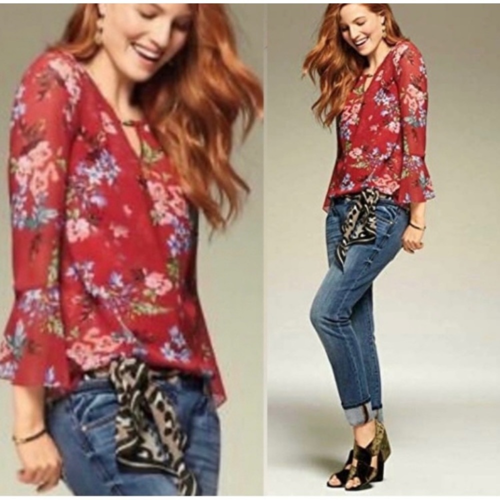 Cabi Devoted Floral Peasant Blouse Women’s Size S Bell Sleeves Boho Semi Sheer